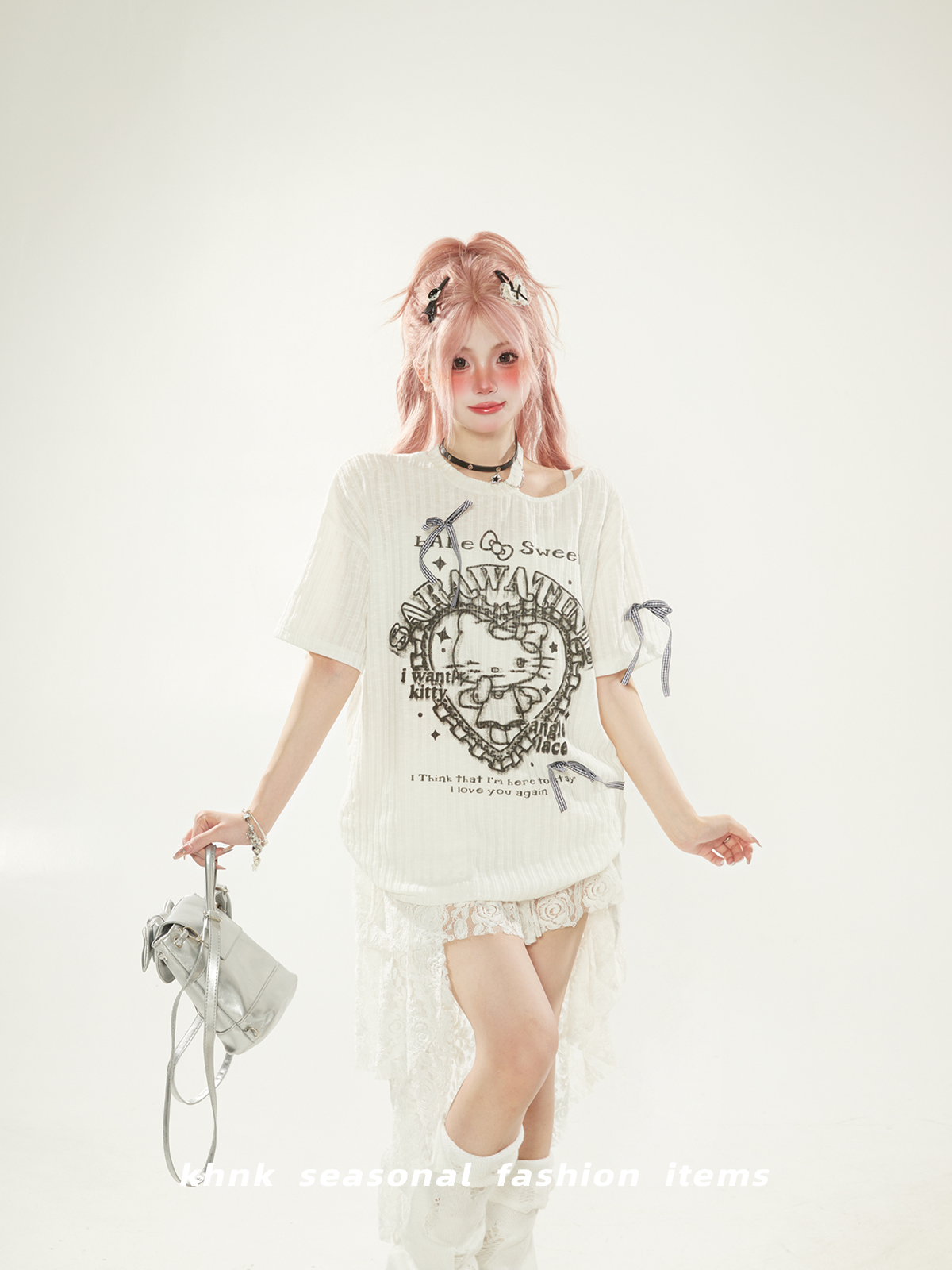 Sweet Wind White Heart Cartoon Printed Off-Shoulder Short Sleeve T-Shirt with Bow - Cute Summer Women's Top Sweet Wind White Heart Cartoon Printed Off-Shoulder Short Sleeve T-Shirt with Bow - Cute Summer Women's Top