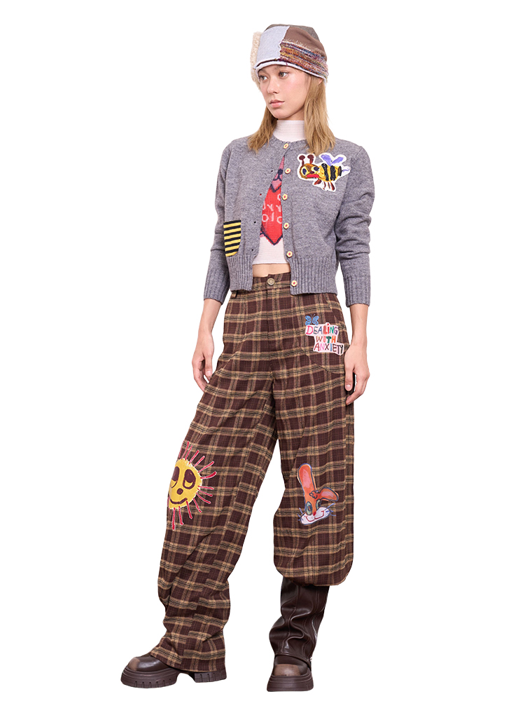 Tapered Loose Casual Pants in Brown-Yellow Plaid with Graffiti Print â€“ Trendy Y2K Style Streetwear for an Artistic Look