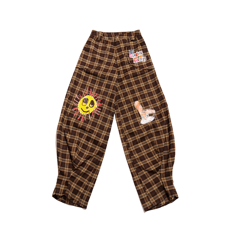 Tapered Loose Casual Pants in Brown-Yellow Plaid with Graffiti Print â€“ Trendy Y2K Style Streetwear for an Artistic Look