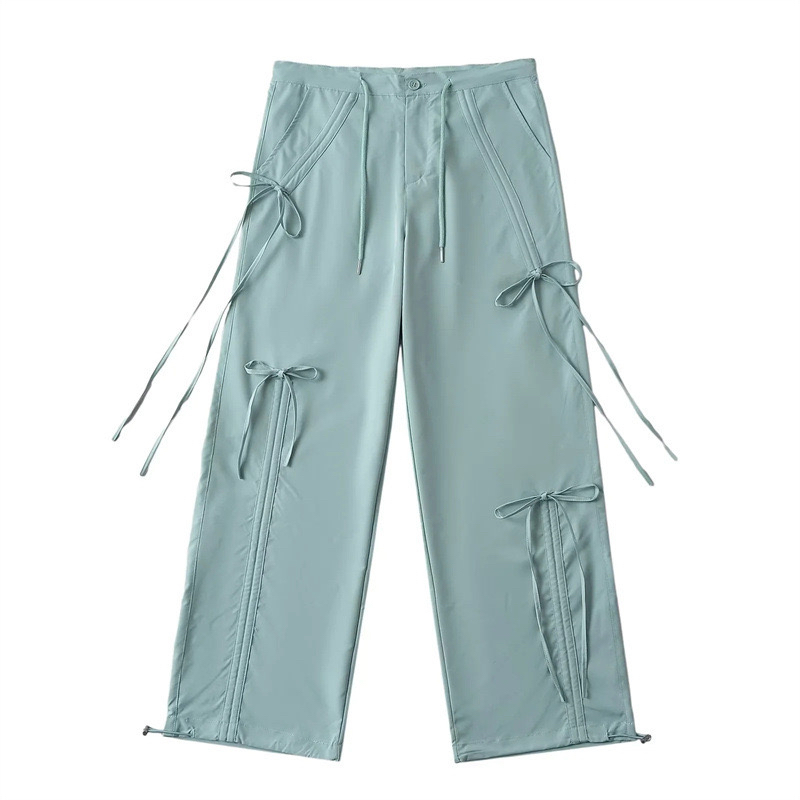 Teal Jazz Dance Set with Bow Tie, High-Neck Top & Slim-Fit Drawstring Straight Pants, Y2K Style, Perfect for Dance & Performance