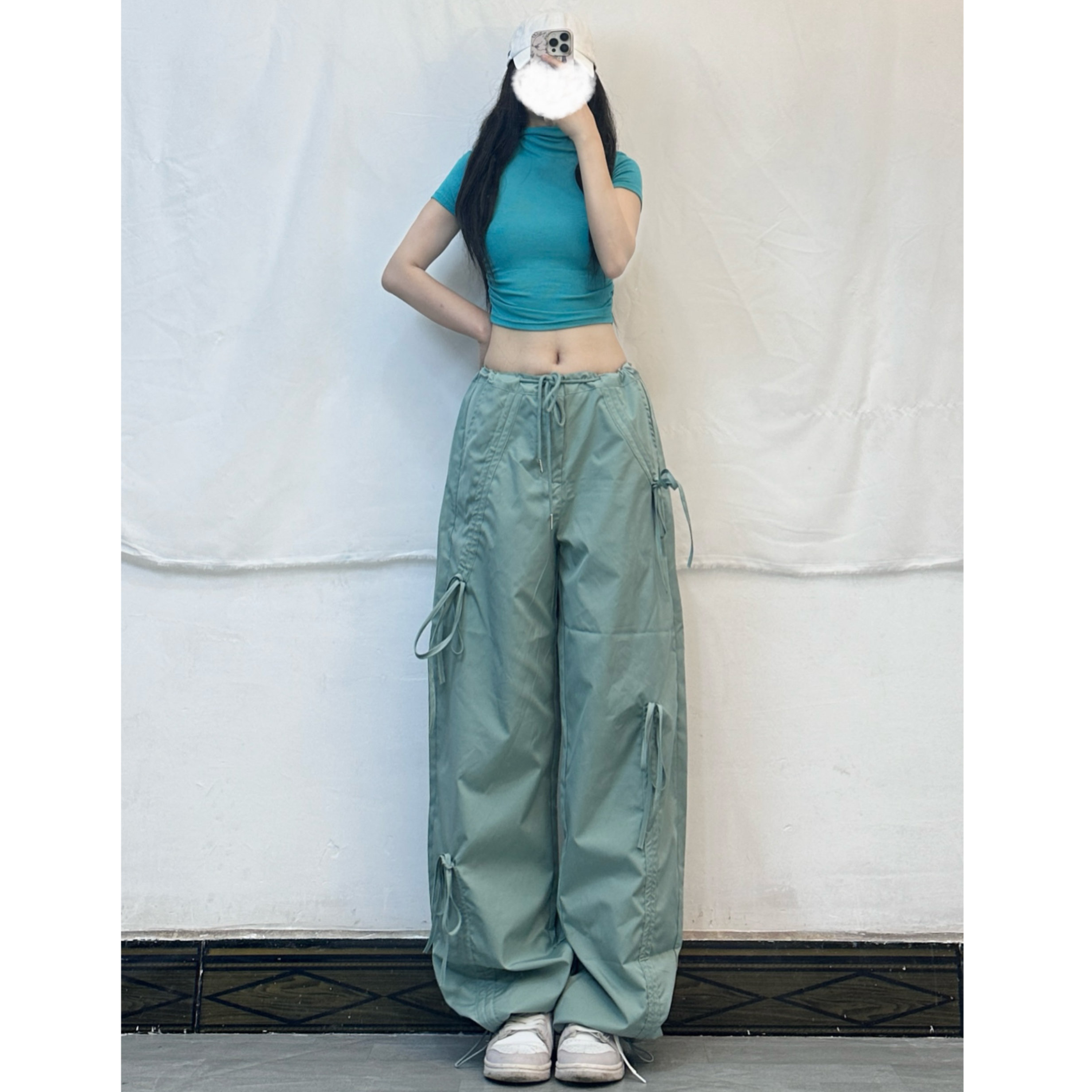 Teal Jazz Dance Set with Bow Tie, High-Neck Top & Slim-Fit Drawstring Straight Pants, Y2K Style, Perfect for Dance & Performance