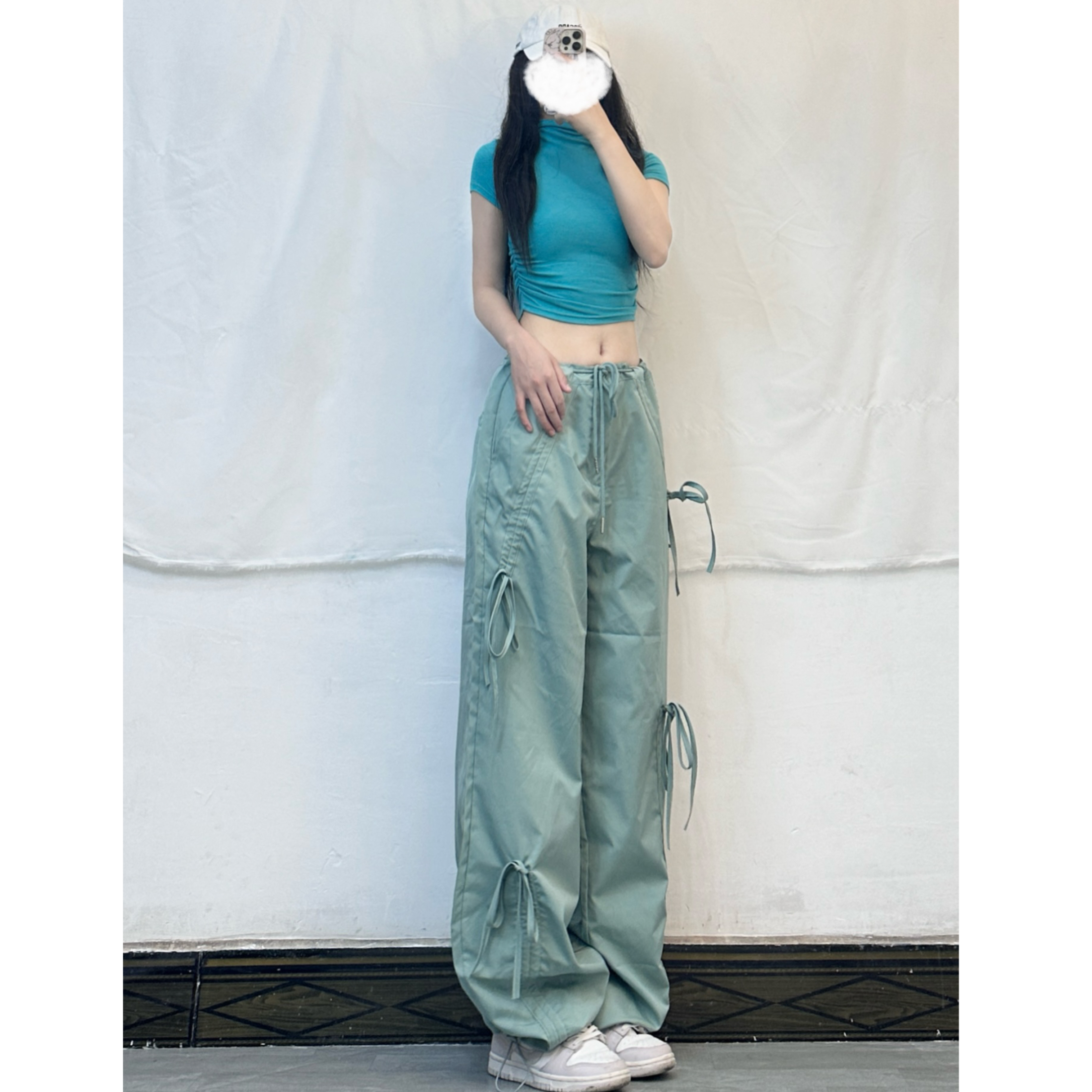 Teal Jazz Dance Set with Bow Tie, High-Neck Top & Slim-Fit Drawstring Straight Pants, Y2K Style, Perfect for Dance & Performance Teal Jazz Dance Set with Bow Tie, High-Neck Top & Slim-Fit Drawstring Straight Pants, Y2K Style, Perfect for Dance & Performance
