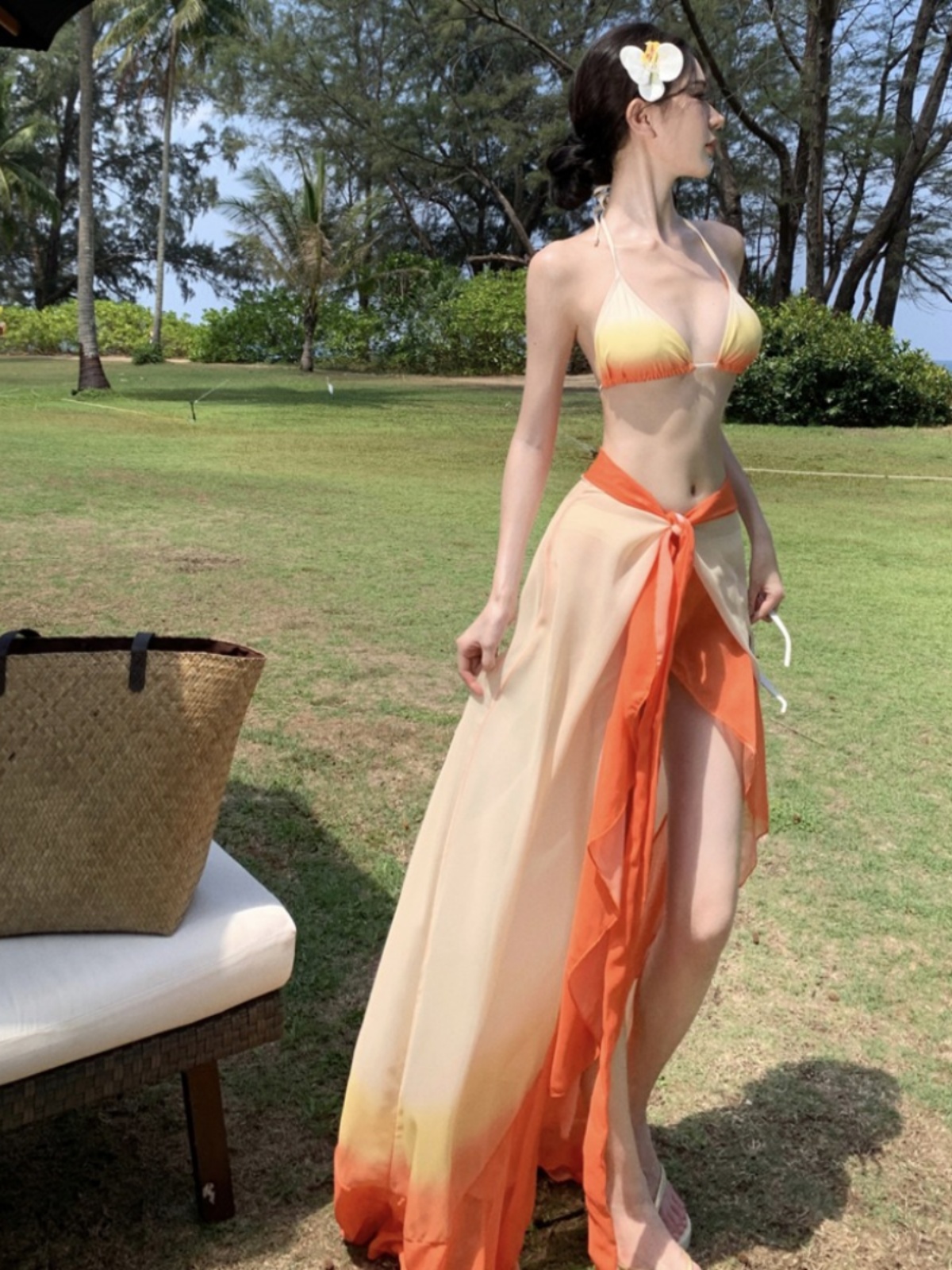 Thai-Style Spicy Girl Three-Piece Bikini Set with Long Gradient Chiffon Skirt for Beach Vacation in Stunning Sunset Orange Thai-Style Spicy Girl Three-Piece Bikini Set with Long Gradient Chiffon Skirt for Beach Vacation in Stunning Sunset Orange