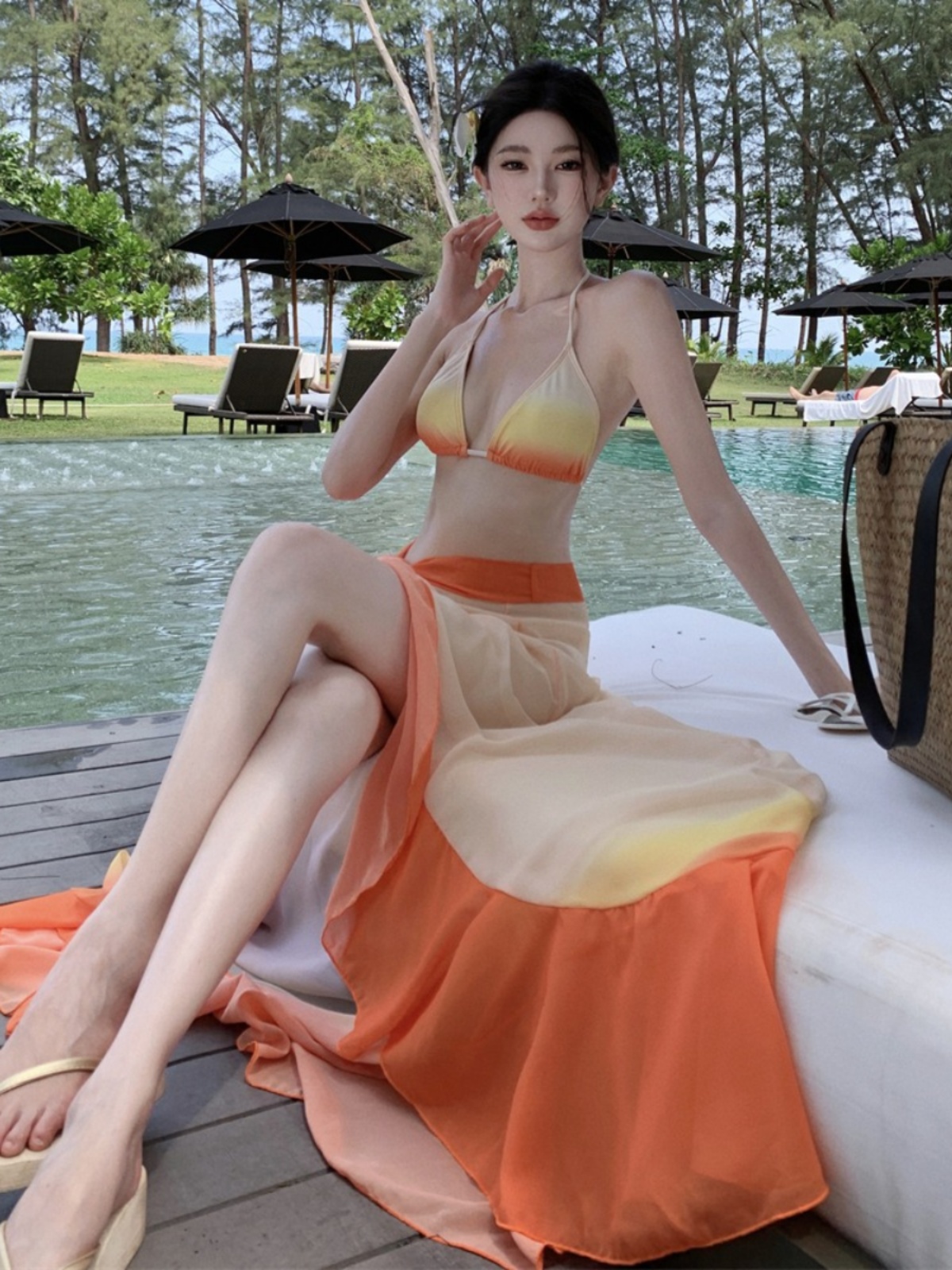 Thai-Style Spicy Girl Three-Piece Bikini Set with Long Gradient Chiffon Skirt for Beach Vacation in Stunning Sunset Orange Thai-Style Spicy Girl Three-Piece Bikini Set with Long Gradient Chiffon Skirt for Beach Vacation in Stunning Sunset Orange
