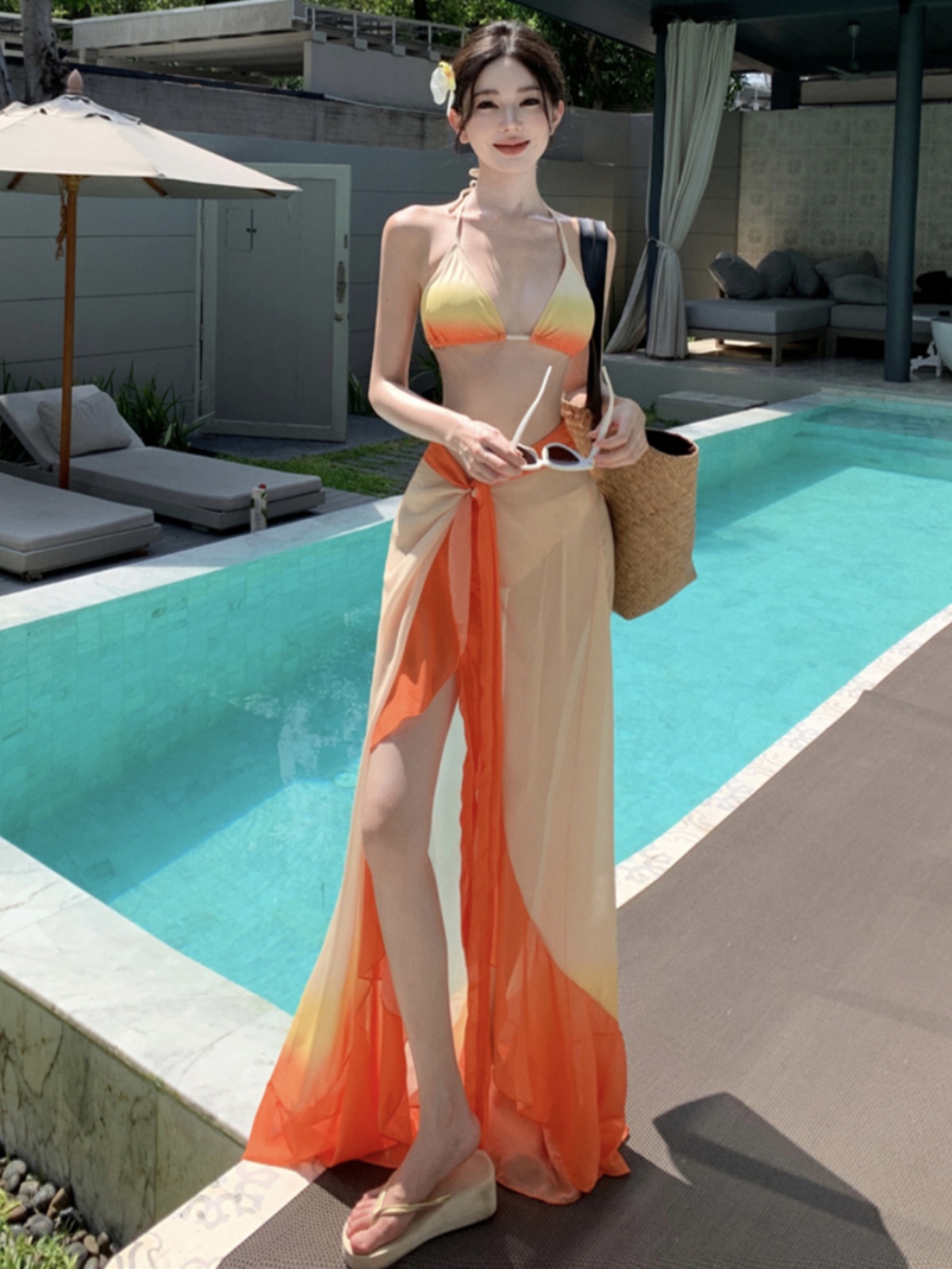 Thai-Style Spicy Girl Three-Piece Bikini Set with Long Gradient Chiffon Skirt for Beach Vacation in Stunning Sunset Orange Thai-Style Spicy Girl Three-Piece Bikini Set with Long Gradient Chiffon Skirt for Beach Vacation in Stunning Sunset Orange