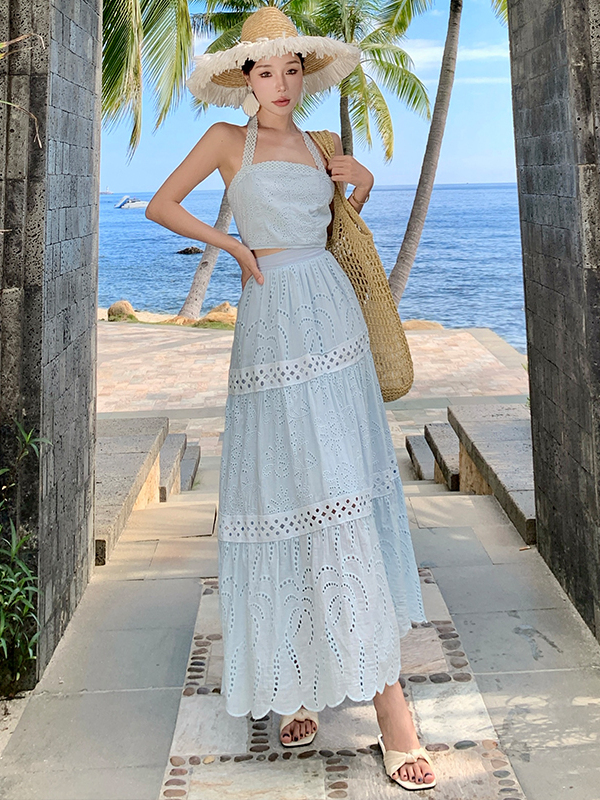 Thailand Summer Halter Top & Hollow-Out Skirt Set - Embroidered Seaside Vacation Outfit Thailand Summer Halter Top & Hollow-Out Skirt Set - Embroidered Seaside Vacation Outfit