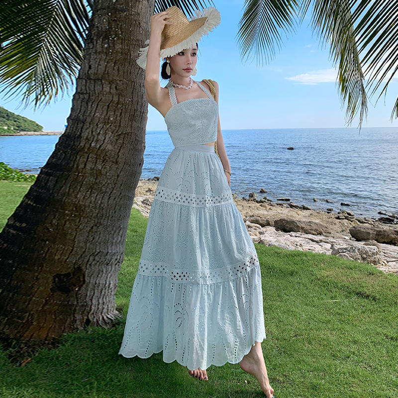 Thailand Summer Halter Top & Hollow-Out Skirt Set - Embroidered Seaside Vacation Outfit
