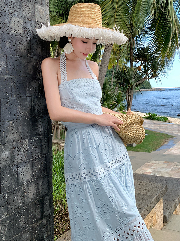 Thailand Summer Halter Top & Hollow-Out Skirt Set - Embroidered Seaside Vacation Outfit Thailand Summer Halter Top & Hollow-Out Skirt Set - Embroidered Seaside Vacation Outfit
