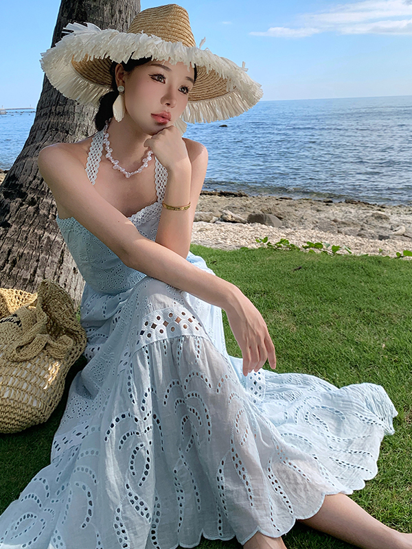 Thailand Summer Halter Top & Hollow-Out Skirt Set - Embroidered Seaside Vacation Outfit Thailand Summer Halter Top & Hollow-Out Skirt Set - Embroidered Seaside Vacation Outfit