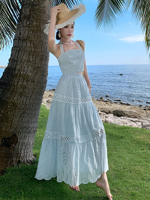 Thailand Summer Halter Top & Hollow-Out Skirt Set - Embroidered Seaside Vacation Outfit Thailand Summer Halter Top & Hollow-Out Skirt Set - Embroidered Seaside Vacation Outfit