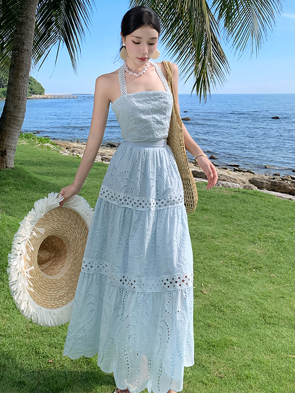 Thailand Summer Halter Top & Hollow-Out Skirt Set - Embroidered Seaside Vacation Outfit