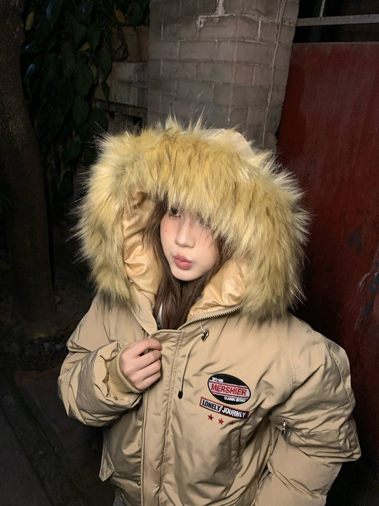 Thick Fur Collar Hooded Cotton Jacket for Men and Women - Casual Loose Fit Windproof Winter Coat in American Style