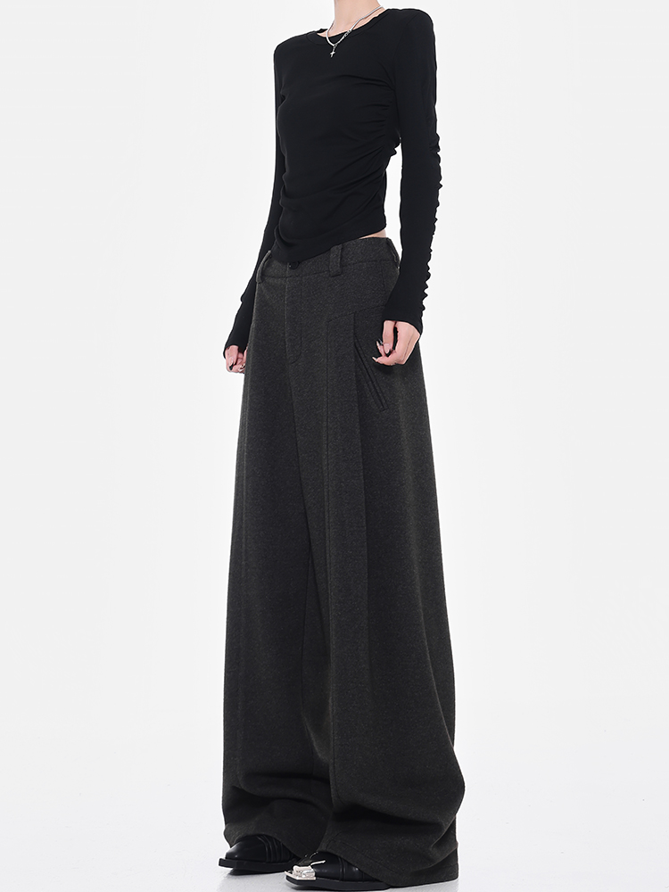 Thick Grey Versatile Suit Pants for Women, Straight Wide-Leg Floor-Length Trousers, Autumn/Winter Fashion Essentials