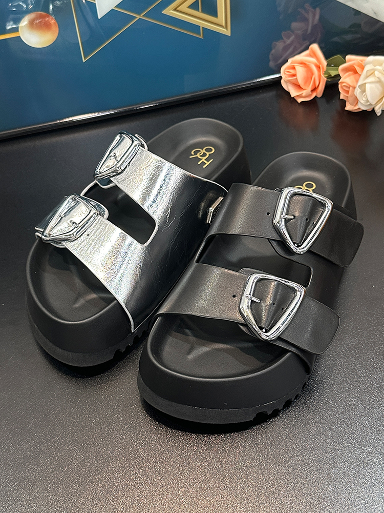 Thick-Soled Height-Increasing Double Strap Buckle Slide Sandals for Women - Versatile Genuine Leather Summer 2025 Footwear