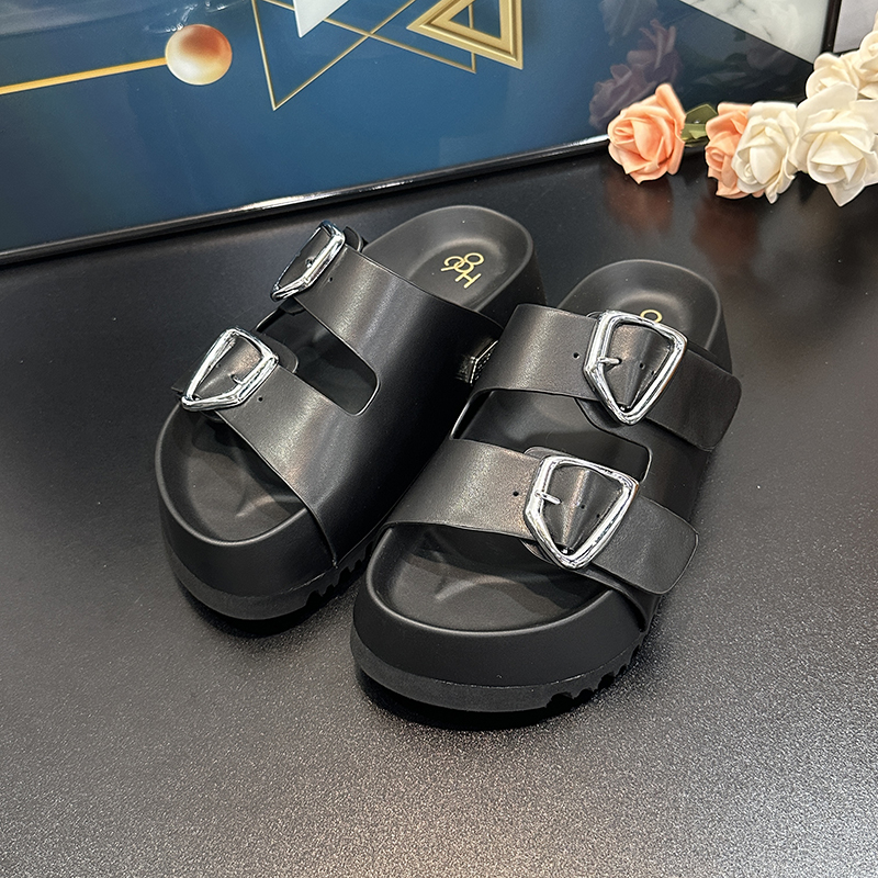 Thick-Soled Height-Increasing Double Strap Buckle Slide Sandals for Women - Versatile Genuine Leather Summer 2025 Footwear Thick-Soled Height-Increasing Double Strap Buckle Slide Sandals for Women - Versatile Genuine Leather Summer 2025 Footwear