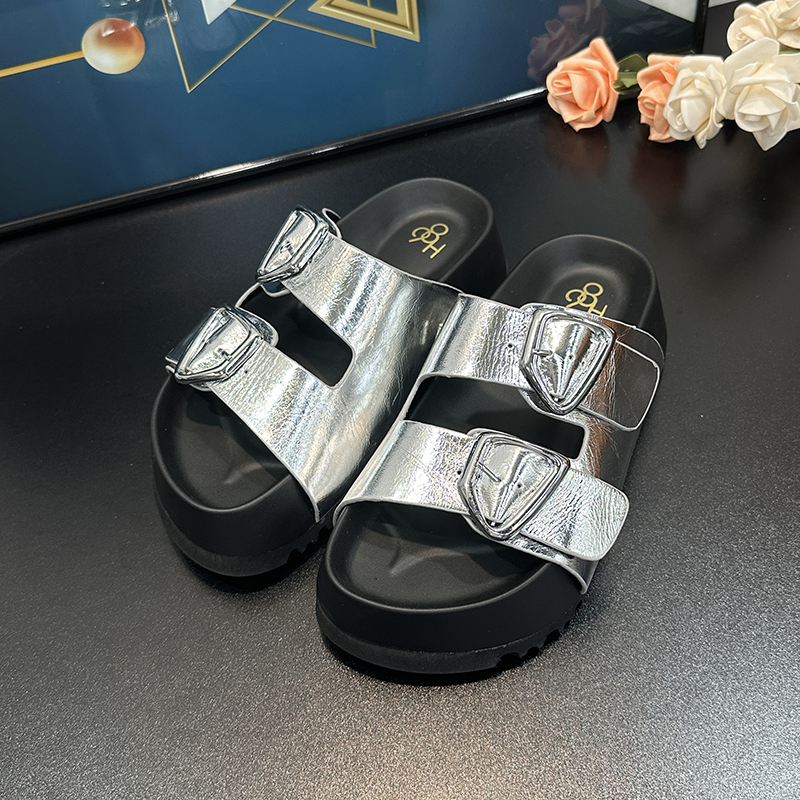 Thick-Soled Height-Increasing Double Strap Buckle Slide Sandals for Women - Versatile Genuine Leather Summer 2025 Footwear