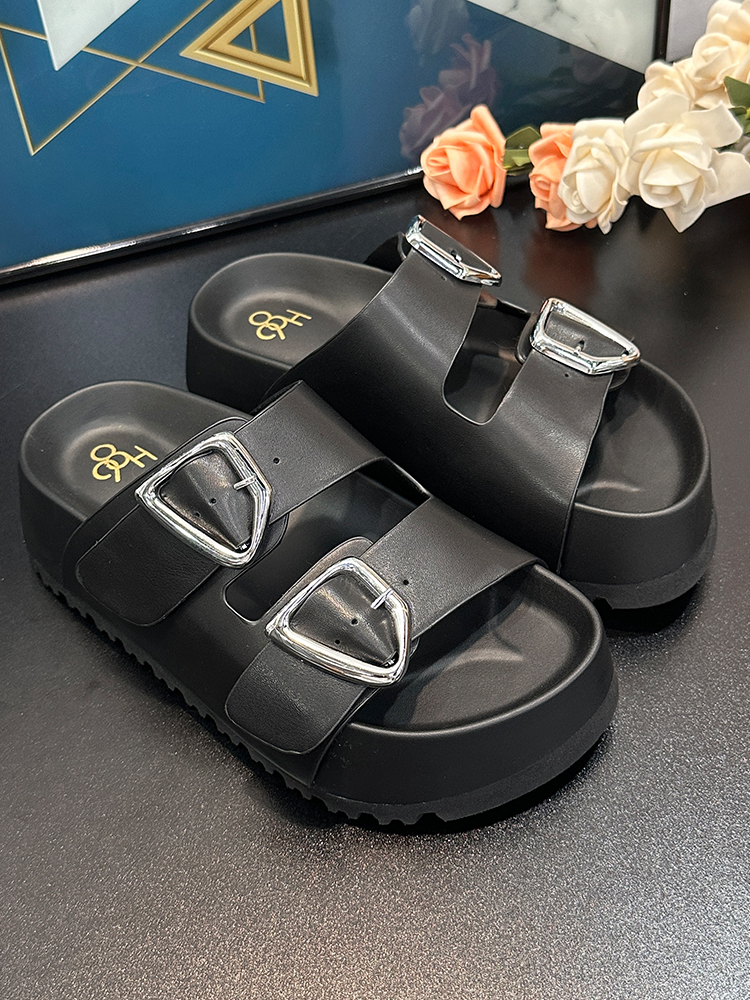 Thick-Soled Height-Increasing Double Strap Buckle Slide Sandals for Women - Versatile Genuine Leather Summer 2025 Footwear Thick-Soled Height-Increasing Double Strap Buckle Slide Sandals for Women - Versatile Genuine Leather Summer 2025 Footwear