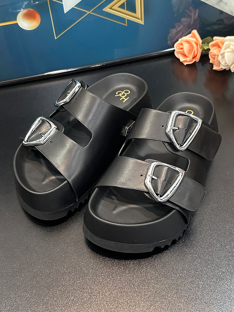Thick-Soled Height-Increasing Double Strap Buckle Slide Sandals for Women - Versatile Genuine Leather Summer 2025 Footwear Thick-Soled Height-Increasing Double Strap Buckle Slide Sandals for Women - Versatile Genuine Leather Summer 2025 Footwear