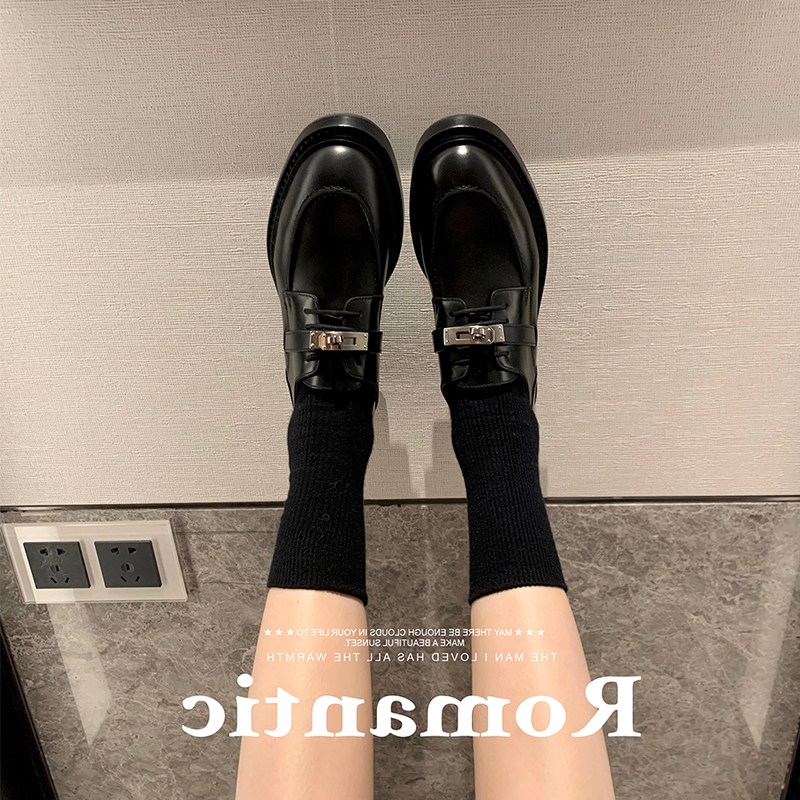 Thick-Soled Lock Buckle Loafers for Women - British Retro Lace-Up Chunky Heel Leather Shoes