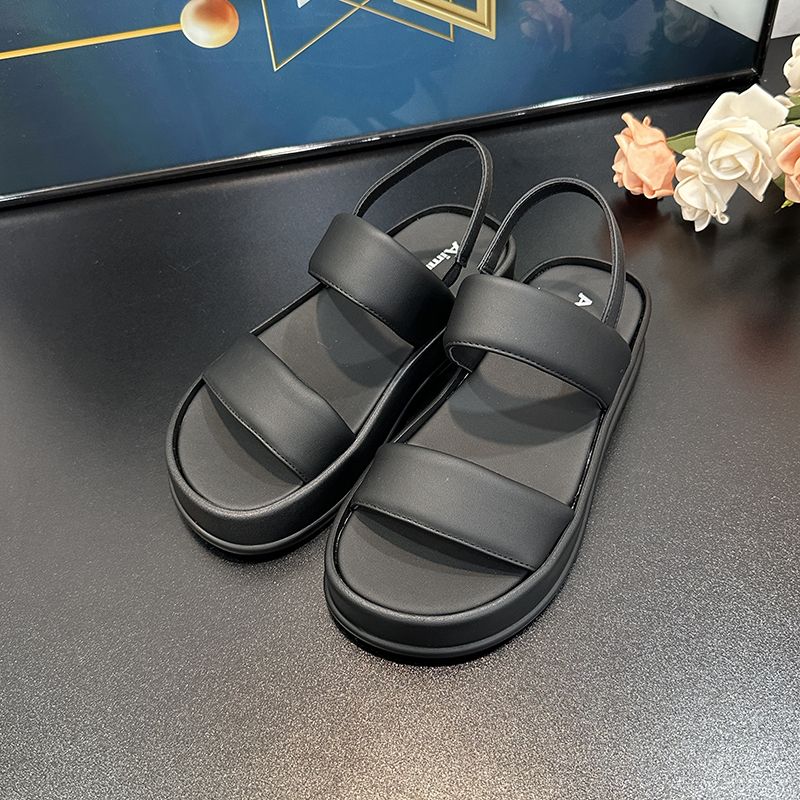 Thick-Soled One-Strap Sandals for Women - 2025 Summer Casual Roman Shoes, Soft Sole, Comfortable Black Footwear