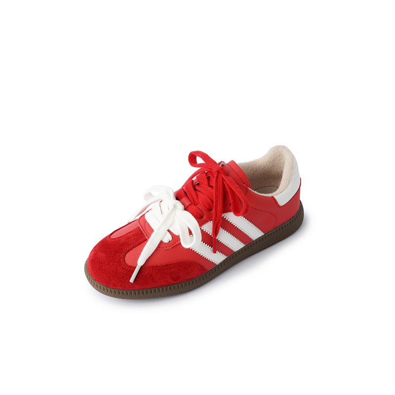 Thick-Soled Red Flat Lace-Up Genuine Leather Training Shoes for Women - Retro Casual Sports Board Shoes for Autumn Winter