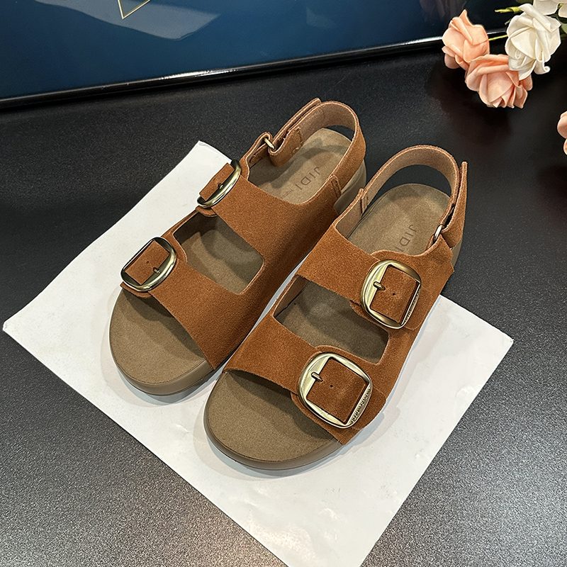 Thick-Soled Suede Sandals for Women - 2025 Summer Casual Retro Double Buckle Beach Roman Shoes, Versatile Soft-Bottom Footwear