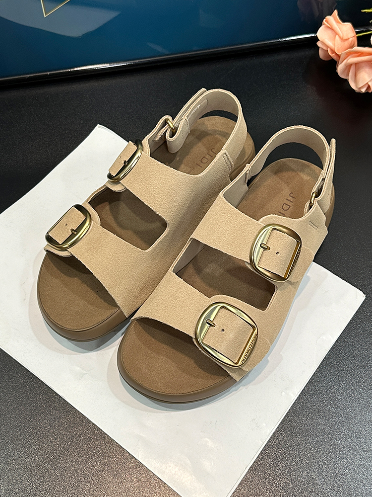 Thick-Soled Suede Sandals for Women - 2025 Summer Casual Retro Double Buckle Beach Roman Shoes, Versatile Soft-Bottom Footwear