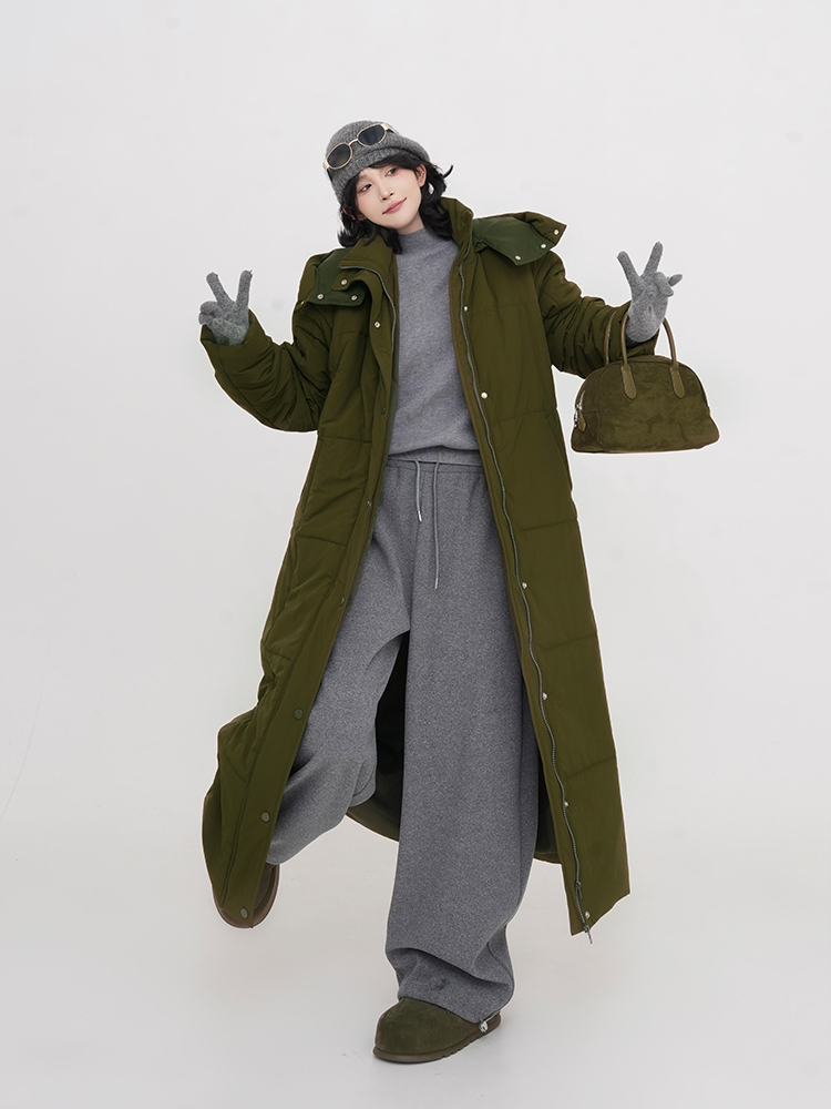 Thickened Hooded Long Sleeve Cotton Coat for Women - Solid Color Over-Knee Warm Jacket in Korean Style for Winter