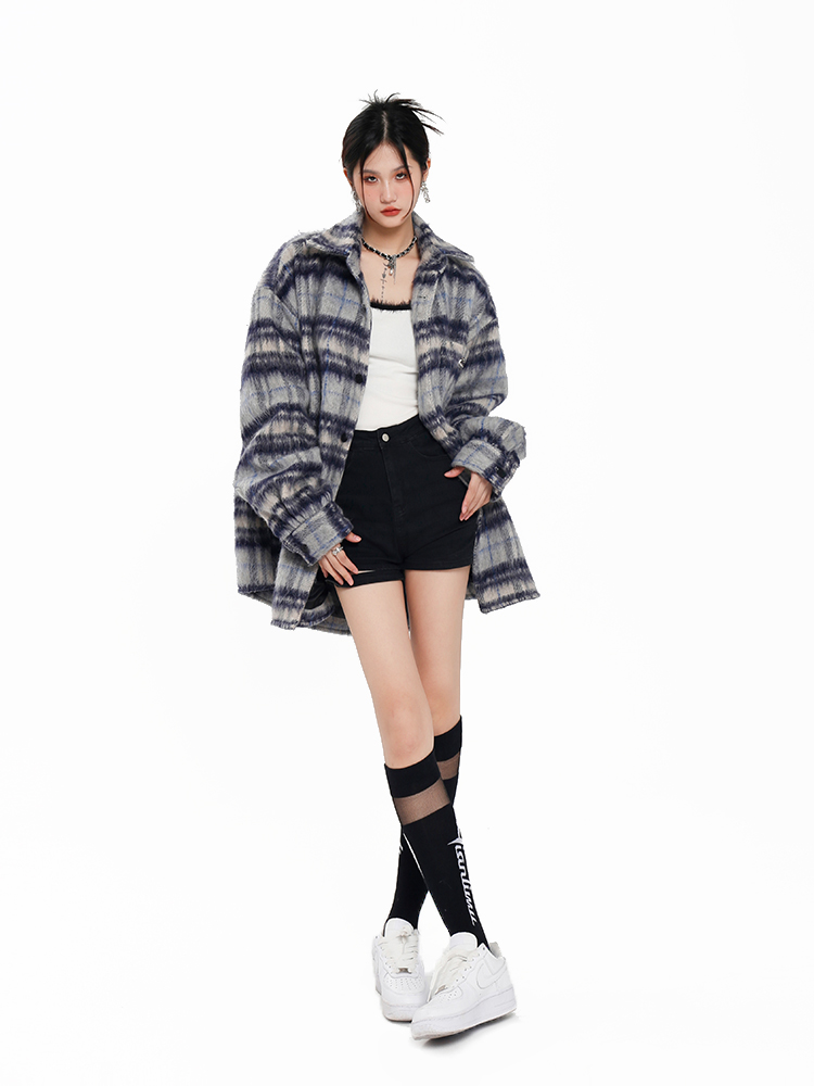 Thickened Woolen Plaid Striped Shirt Jacket for Women - Unique Design for Autumn and Winter Style