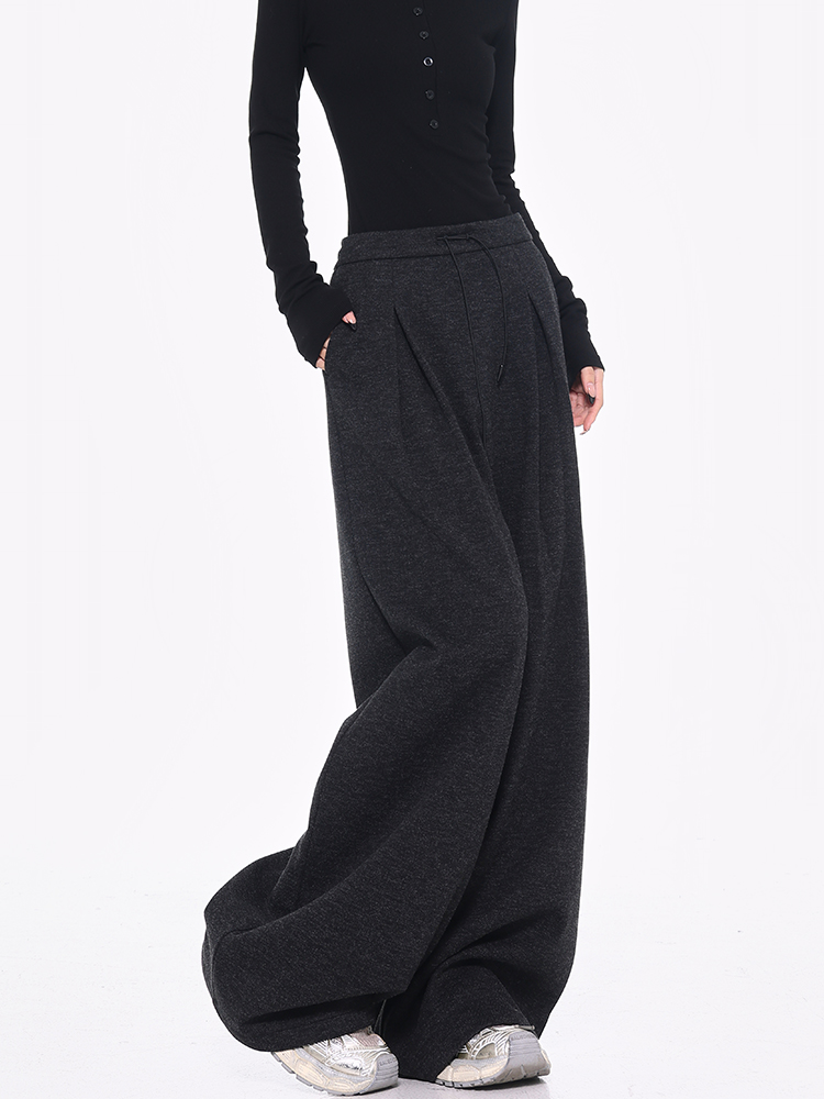 Thickened Woolen Pleated Wide-Leg Suit Pants for Women in Gray - Versatile Loose Slimming Style for Autumn/Winter Fashion
