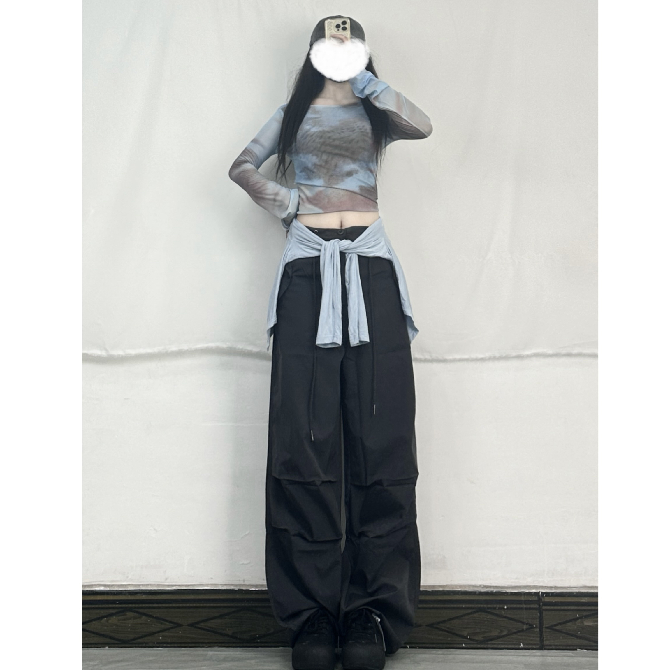 Tie-Dye Sheer Long Sleeve Crop Top & Navy Blue Cargo Pants Set - Sexy Jazz Dance Sports Outfit for Women Tie-Dye Sheer Long Sleeve Crop Top & Navy Blue Cargo Pants Set - Sexy Jazz Dance Sports Outfit for Women