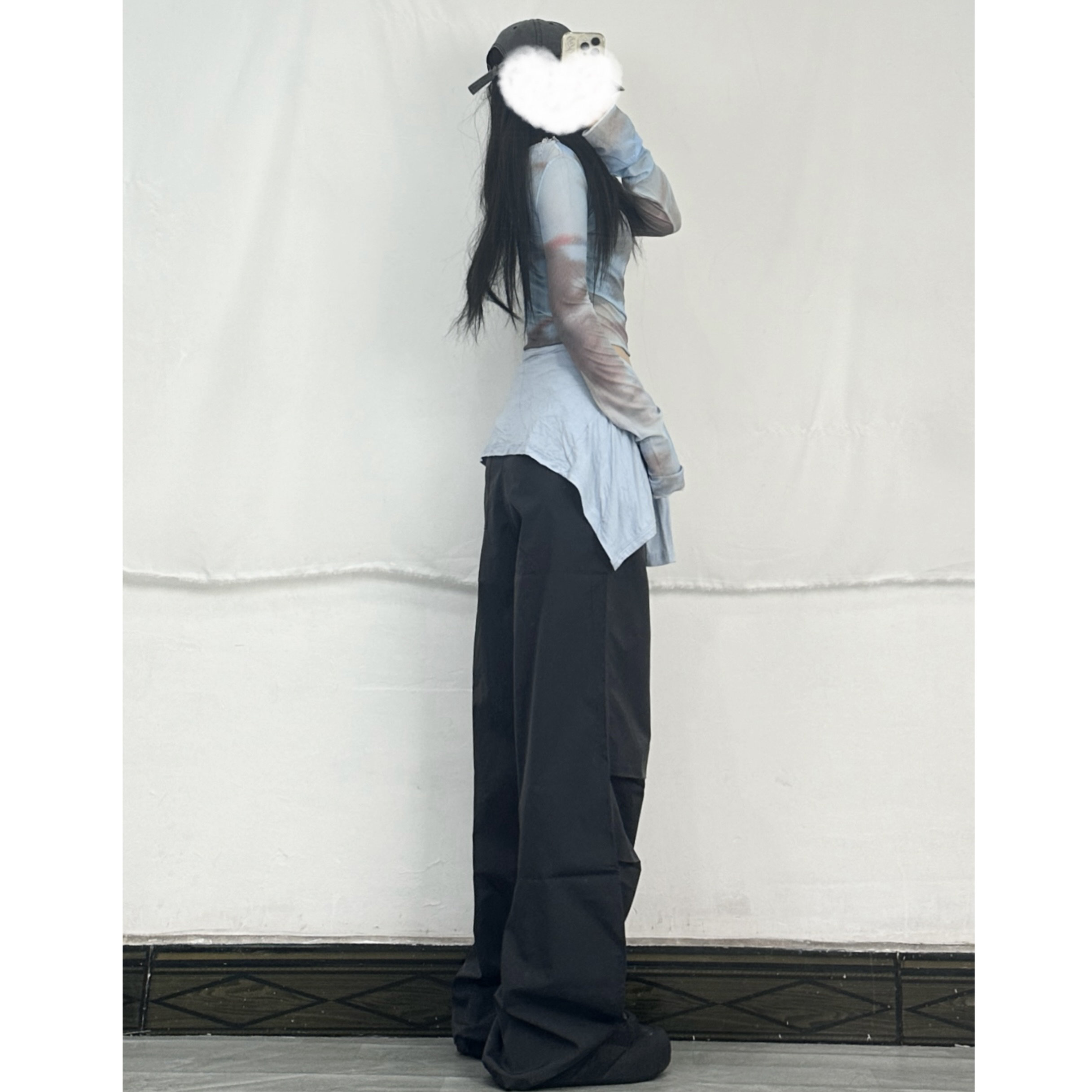 Tie-Dye Sheer Long Sleeve Crop Top & Navy Blue Cargo Pants Set - Sexy Jazz Dance Sports Outfit for Women