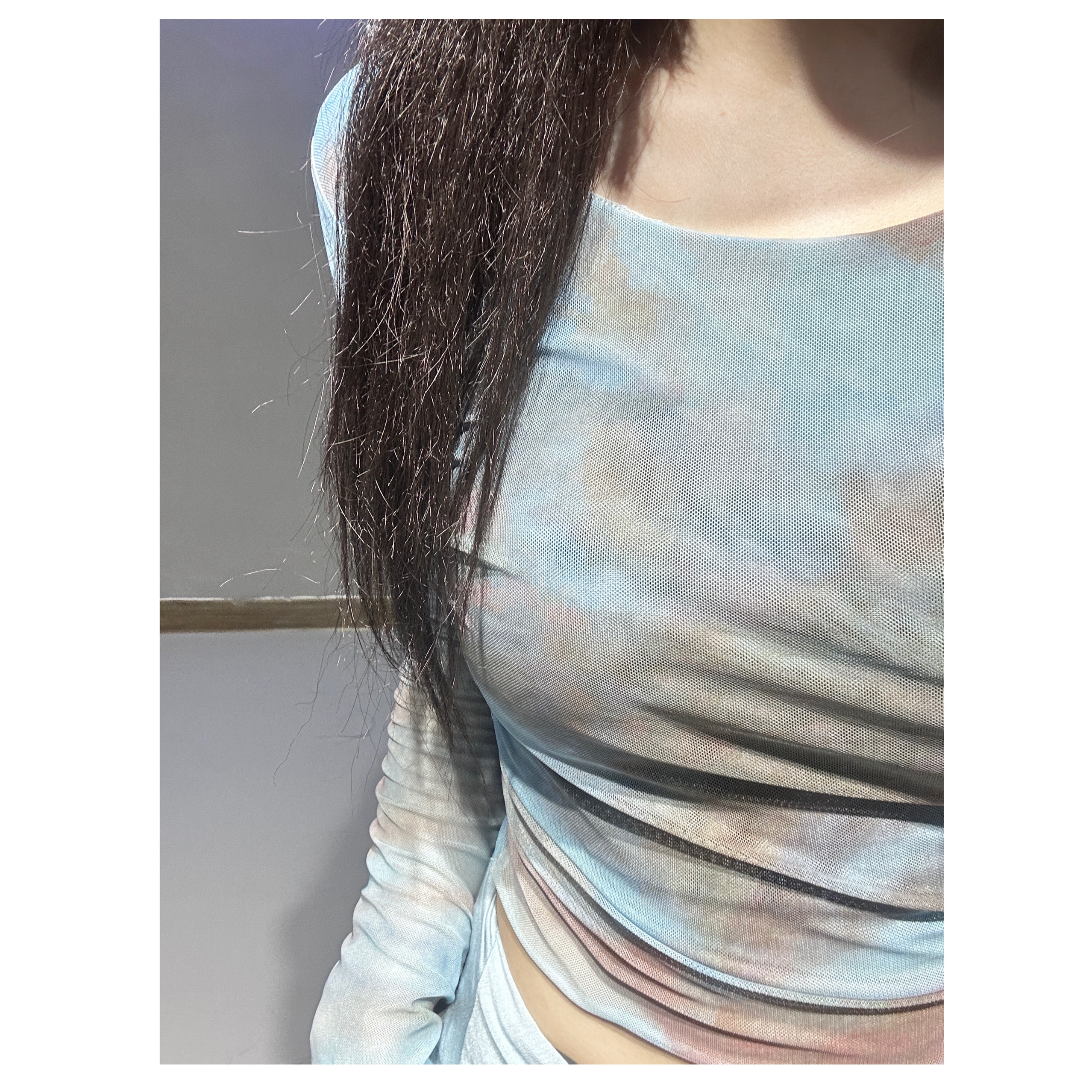 Tie-Dye Sheer Long Sleeve Crop Top & Navy Blue Cargo Pants Set - Sexy Jazz Dance Sports Outfit for Women