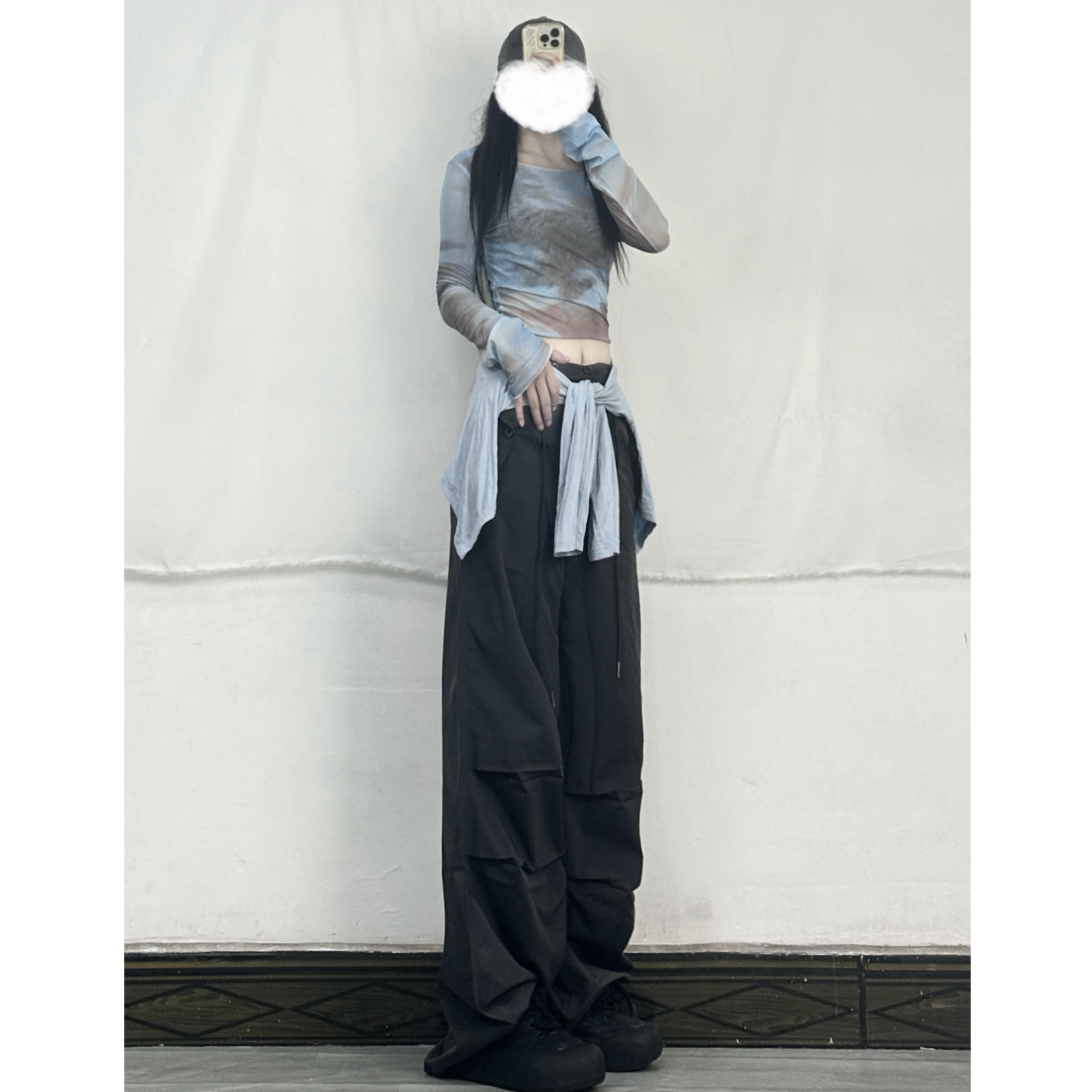 Tie-Dye Sheer Long Sleeve Crop Top & Navy Blue Cargo Pants Set - Sexy Jazz Dance Sports Outfit for Women Tie-Dye Sheer Long Sleeve Crop Top & Navy Blue Cargo Pants Set - Sexy Jazz Dance Sports Outfit for Women