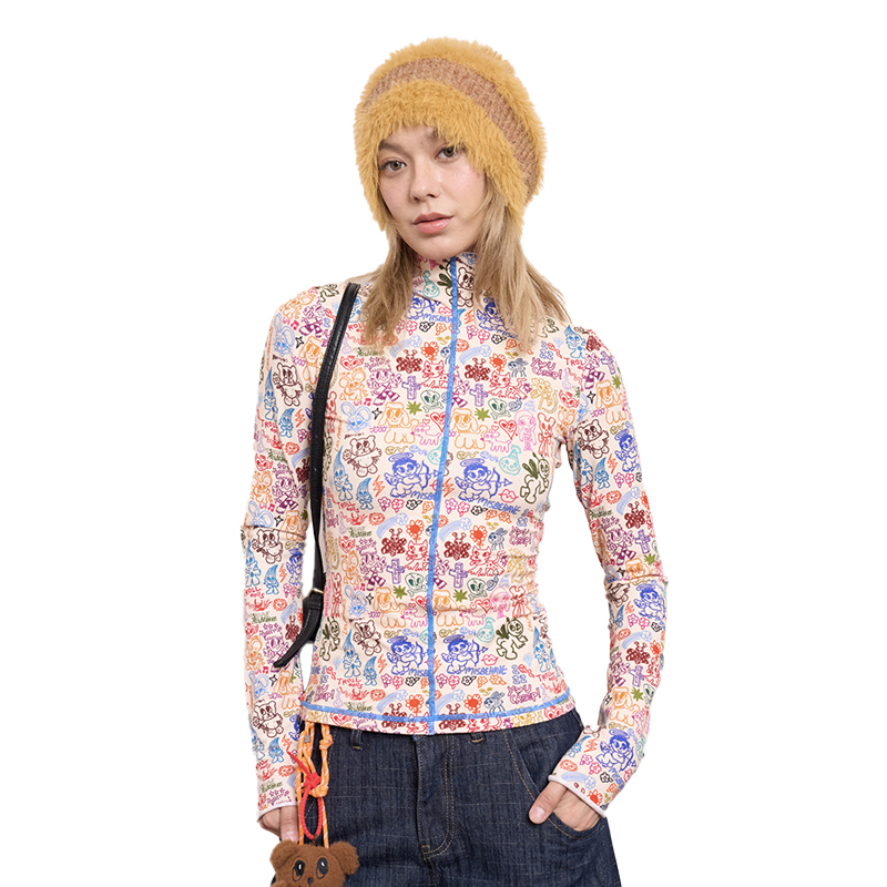 Tight Long Sleeve Knitted Base Layer with Original Rice Base Print - Unique Artist Design for 90s and Y2K Style Fashion