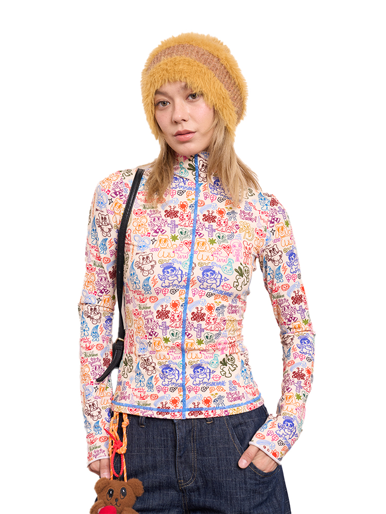 Tight Long Sleeve Knitted Base Layer with Original Rice Base Print - Unique Artist Design for 90s and Y2K Style Fashion