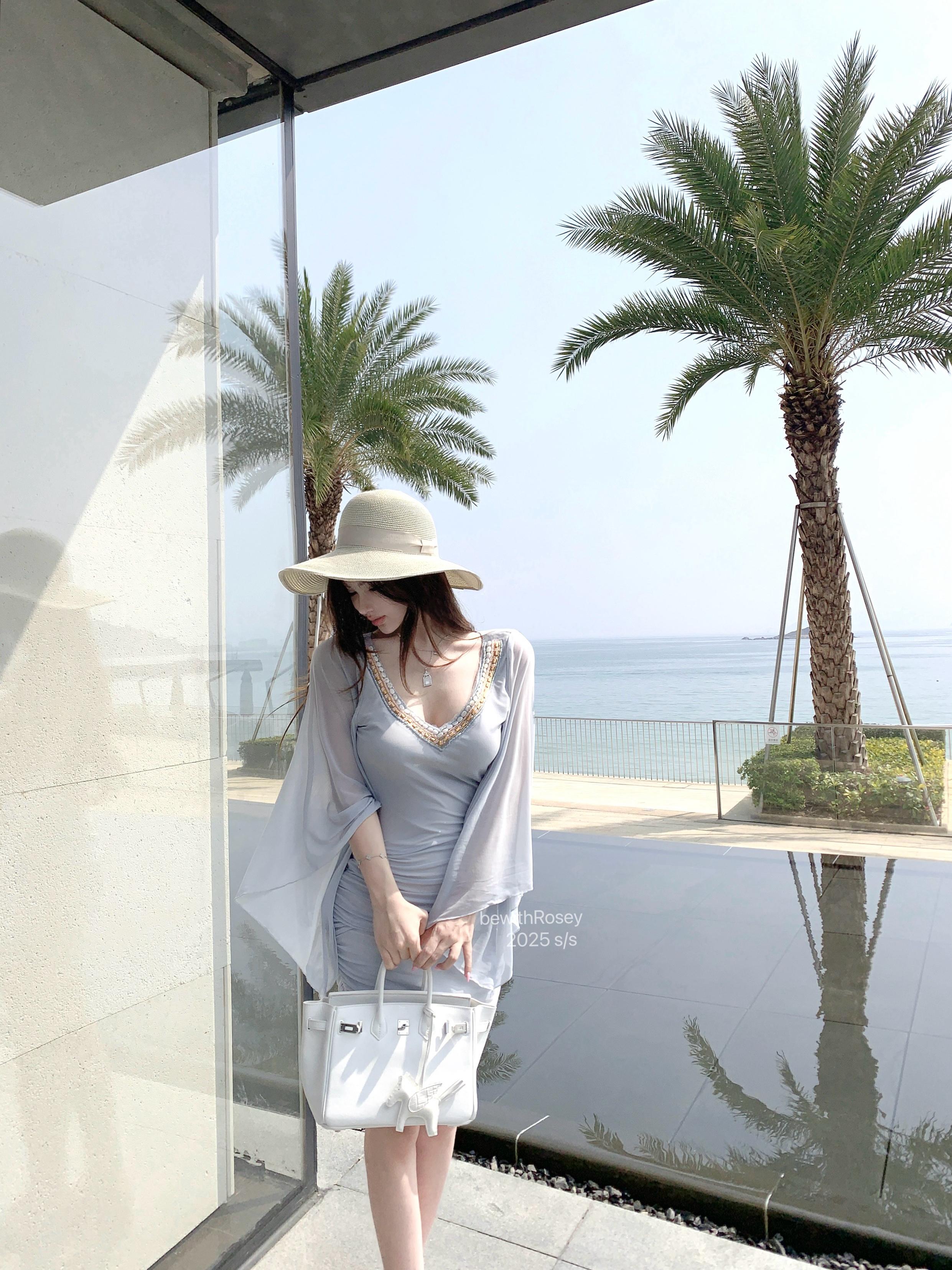 Transparent Blue Mermaid Tears Three-Layer Beaded V-Neck Mesh Bodycon Vacation Dress - Chic Summer Style, Perfect for Beach Getaways Transparent Blue Mermaid Tears Three-Layer Beaded V-Neck Mesh Bodycon Vacation Dress - Chic Summer Style, Perfect for Beach Getaways