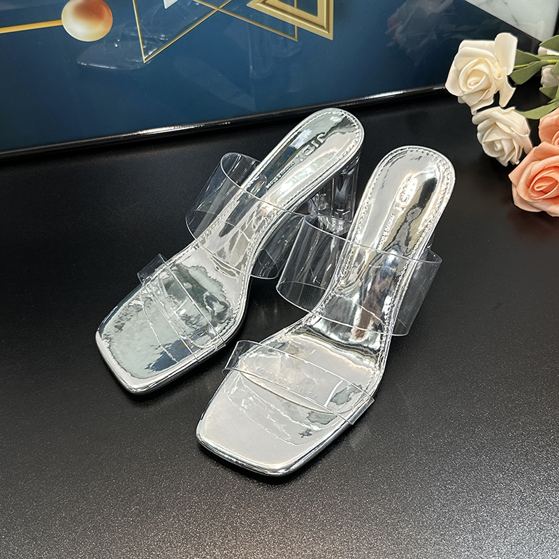 Transparent High-Heeled Sandals for Women, 2025 Summer One-Strap Chunky Heels with Crystal Detail, Sexy Evening Footwear