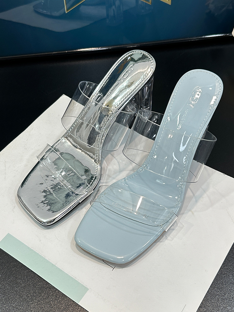 Transparent High-Heeled Sandals for Women, 2025 Summer One-Strap Chunky Heels with Crystal Detail, Sexy Evening Footwear