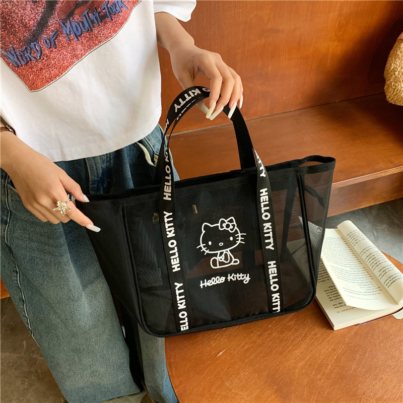 Transparent Hollow Mesh Tote Bag - Cute Large Capacity Hello Kitty Makeup, Mommy, and Toiletry Bag