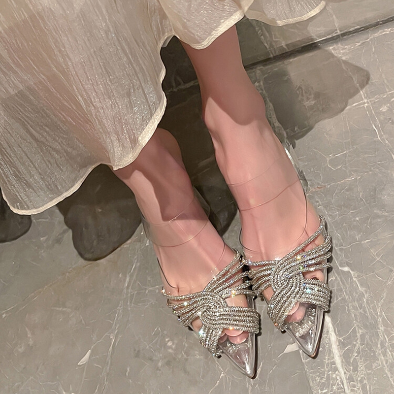 Transparent Rhinestone Open-Toe High Heels Sandals - Bling Elegant Style, Leg-Lengthening Half-Slippers for Internet Celebrity Look