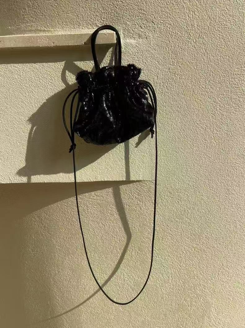 Trendy 2025 Soft Sculpture Mini Bag with Shiny Tassels and Drawstring Closure - Versatile Fashion Accessory