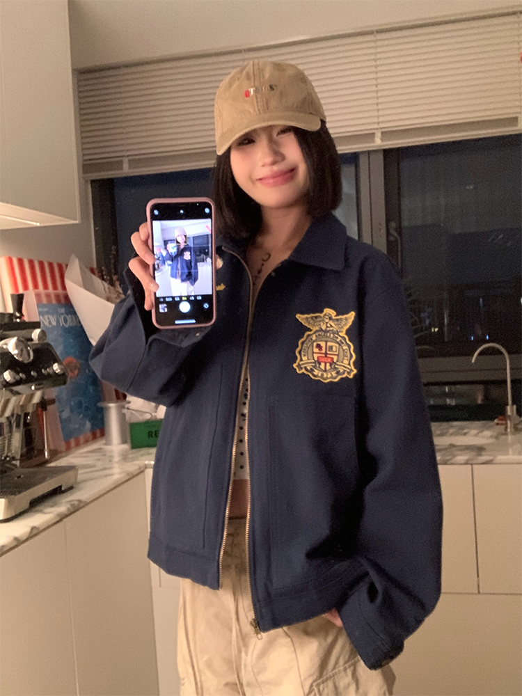 Trendy American Vintage Letter Embroidery Badge Jacket for Couples - Casual Loose Fit Versatile Spring Coat