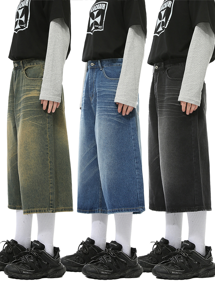 Trendy American Vintage Wide-Leg Seven-Point Denim Shorts for Men - Summer Washed Loose Fit Mid-Length Fashion Shorts