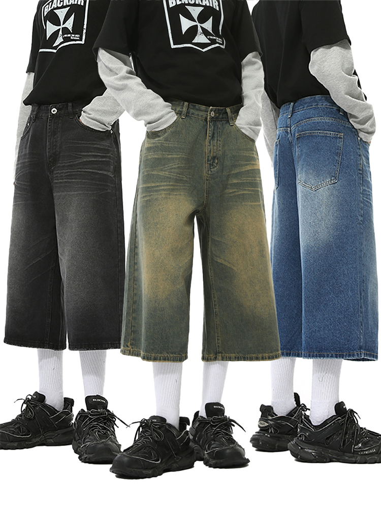 Trendy American Vintage Wide-Leg Seven-Point Denim Shorts for Men - Summer Washed Loose Fit Mid-Length Fashion Shorts Trendy American Vintage Wide-Leg Seven-Point Denim Shorts for Men - Summer Washed Loose Fit Mid-Length Fashion Shorts