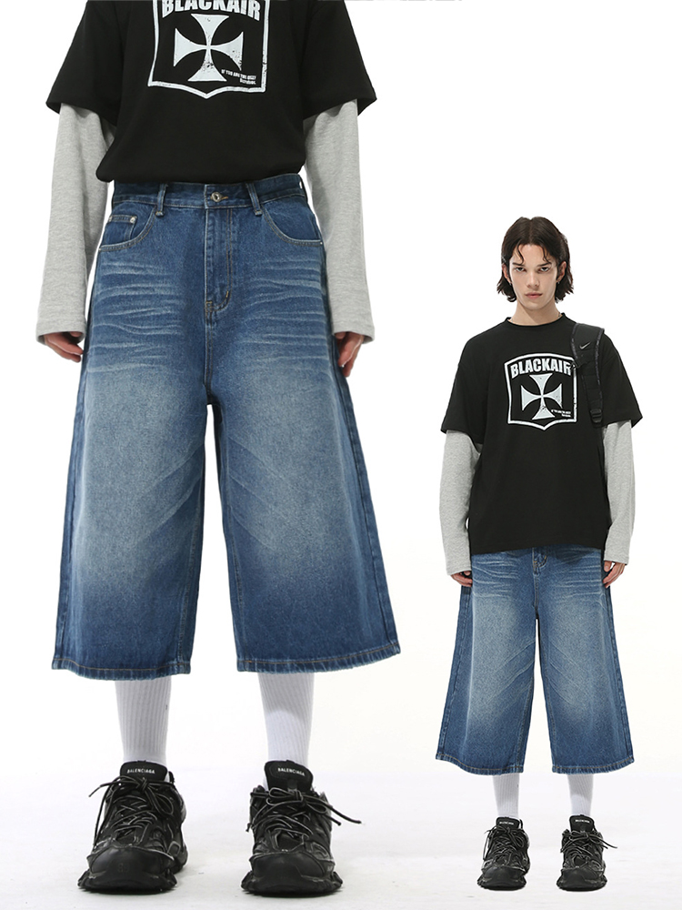 Trendy American Vintage Wide-Leg Seven-Point Denim Shorts for Men - Summer Washed Loose Fit Mid-Length Fashion Shorts Trendy American Vintage Wide-Leg Seven-Point Denim Shorts for Men - Summer Washed Loose Fit Mid-Length Fashion Shorts