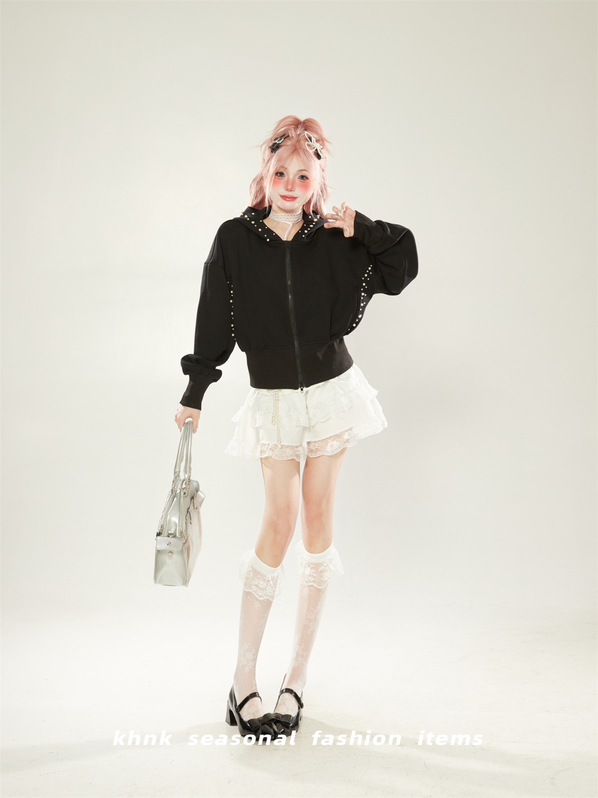 Trendy Black Pearl Design Hooded Cardigan for Women - Short High-Waisted Jacket for Spring and Autumn 2025 Trendy Black Pearl Design Hooded Cardigan for Women - Short High-Waisted Jacket for Spring and Autumn 2025