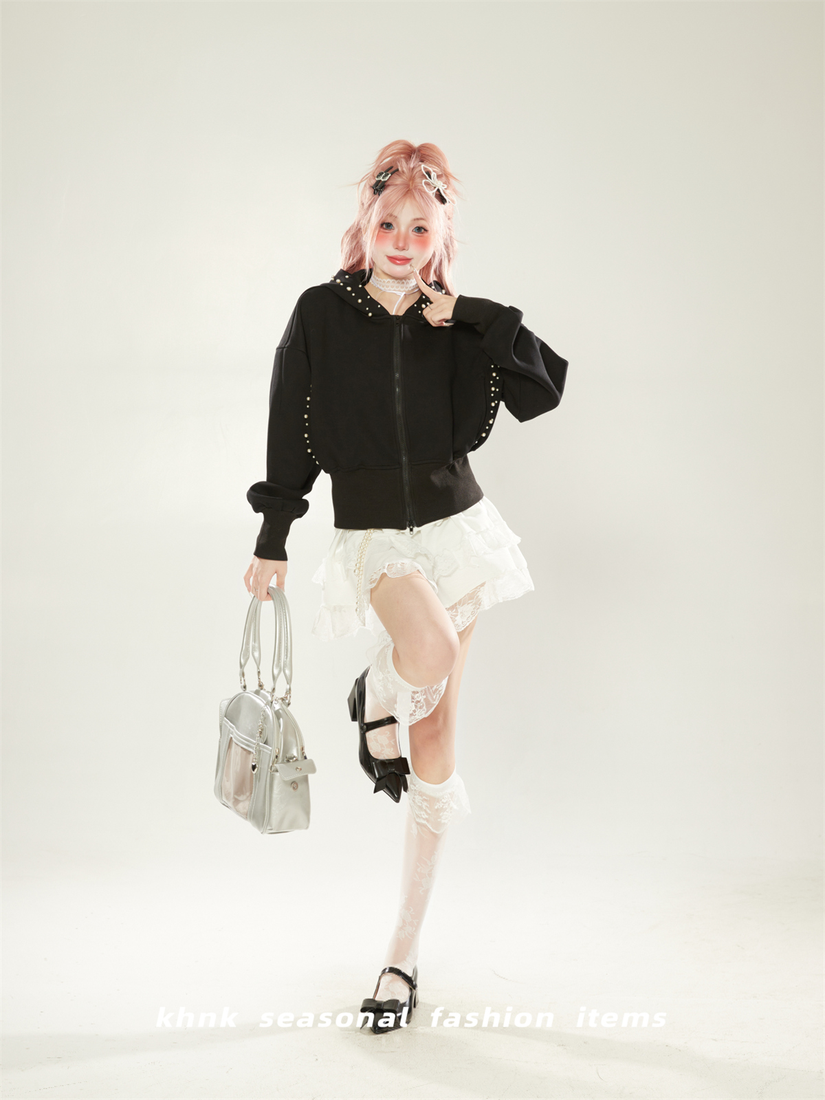 Trendy Black Pearl Design Hooded Cardigan for Women - Short High-Waisted Jacket for Spring and Autumn 2025