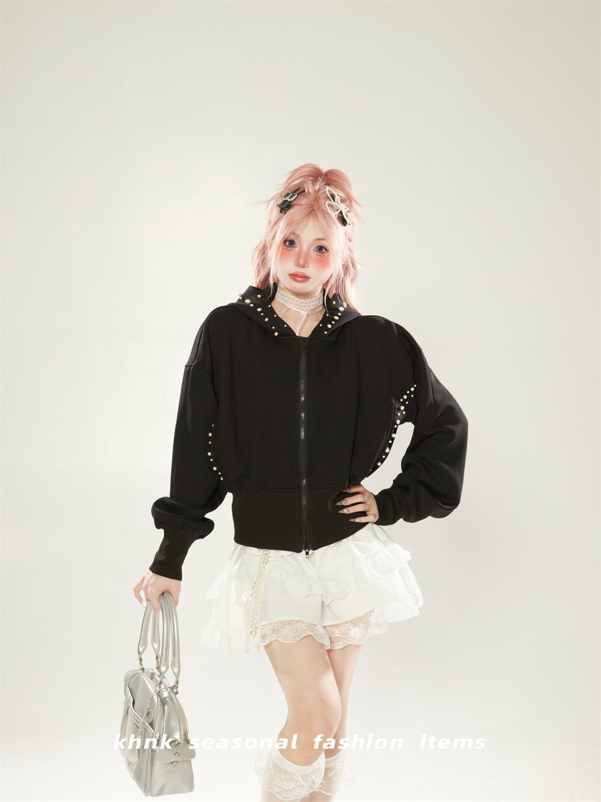 Trendy Black Pearl Design Hooded Cardigan for Women - Short High-Waisted Jacket for Spring and Autumn 2025 Trendy Black Pearl Design Hooded Cardigan for Women - Short High-Waisted Jacket for Spring and Autumn 2025