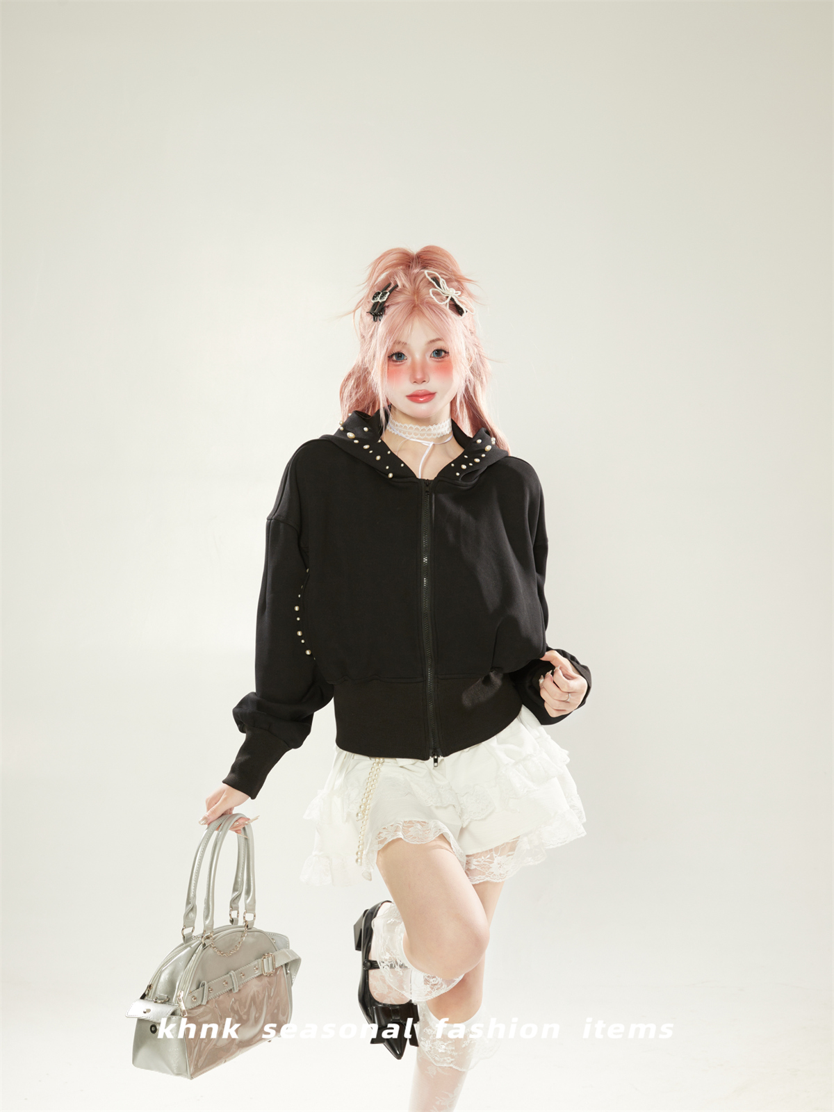 Trendy Black Pearl Design Hooded Cardigan for Women - Short High-Waisted Jacket for Spring and Autumn 2025